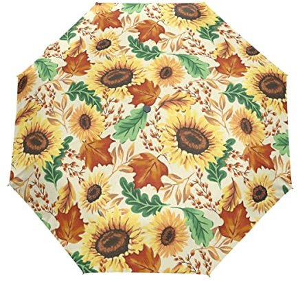 Automatic Folding Umbrella, Autumn Sunflowers with Cream Windproof Strong UV Protection Umbrella, Portable Sun and Rain Umbrellas for Children Women Men