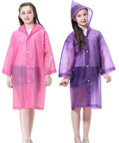 Kids Rain Poncho (2 Pack), Reusable EVA Children Raincoat for 6-13 Girls Boys, Waterproof Long Rain Jackets with Hood (Pink+Purple)