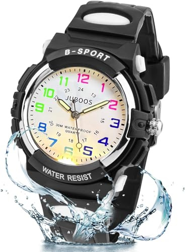 Juboos Neue 7-Farbige Kinderuhren, Kinderuhr Jungen Mädchen Analog Quartz Uhr mit Armbanduhr Kautschuk Wasserdicht Outdoor Sports Uhren 5-16 (Schwarz Weiß)