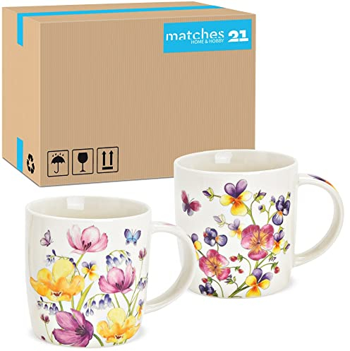 matches21 Coffee Cups Mugs Flower Motif Pansy White Colourful Porcelain 36 Pieces 12 x 10 x 9 cm 350 ml