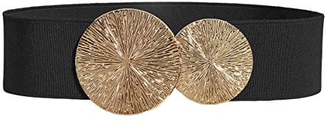 Weenkeey Cintura elastica vintage da donna, elastica e larga, elastica e retrò, cintura di moda con doppia fibbia rotonda in oro per abiti e cappotti - Nero