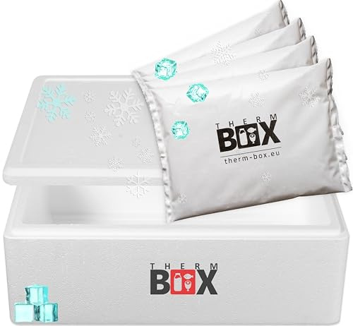 Therm-Box - Scatola in polistirolo, 29 W, con 4 pile per frigo, 29 l, interno: 53 x 33 x 16 cm, contenitore termico riutilizzabile