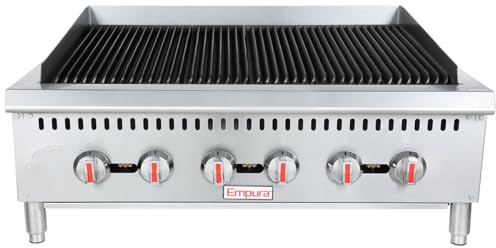 EMPURA 36 Countertop Gas Radiant Charbroiler with Reversible Cast-Iron Grate for Buffet Food Truck | (3) Burners, 90,000 BTU | 36W x 32.3D x 13.3H, Stainless Steel (Includes: LP Conversion Kit)