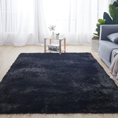 Lifup Hochflor Teppich Wohnzimmer Schlafzimmer, Super Weich Shaggy Teppich Flauschiger, Waschbarer Weiche Teppiche für Wohnkultur Schwarz 80 x 160 cm