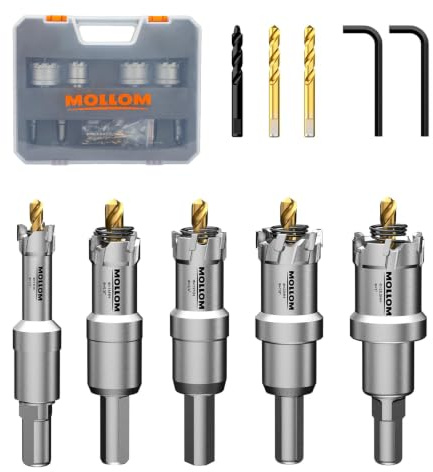 Mollom 5 uds (13-25,5mm) Juego Sierra Corona Carburo TCT Uso Intensivo | 2 Brocas Piloto Titanio y 1 Escalonada para cortar Acero Inoxidable,Acero Dulce,Hierro,Cobre,Latón,Aluminio,Plástico