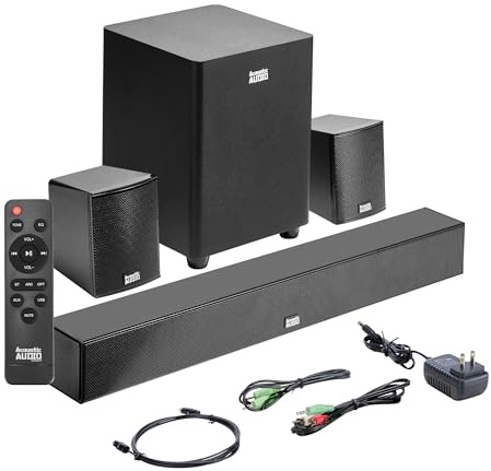 Acoustic Audio 5.1 Surround Sound Home Theater Sound Bar with Bluetooth, RCA, Optical, ARC, AUX, Wireless Subwoofer and Remote Control - AA5190 (Black)