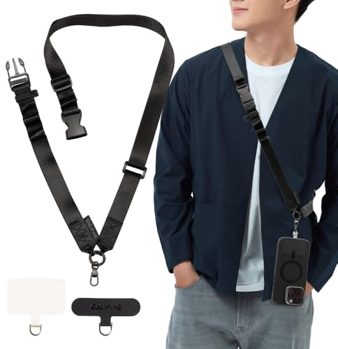 Golifyne 25mm Crossbody Handyband zum Umhängen | Handykette Breit für Sichere Halterung | Outdoor, Reise, Unterweg Umhängeband + 2 Stück Pad für alle Smartphone (ohne Hülle) - Schwarz