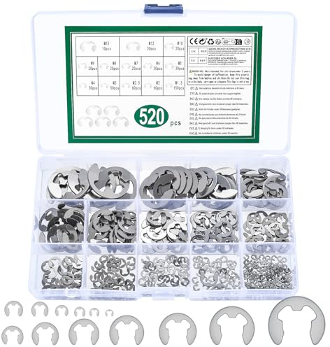 Sprengring Set Edelstahl, 520 Stk, 13 Sizes E-clip Sicherungsringe | Interner Externer Sicherungsring Sortiment, Unterlegscheiben für Befestigen Lagern, Für Zahnräder und Riemenscheiben