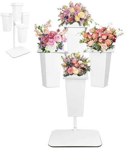 PROLEE Flower Display Stand with Buckets, Wedding Flower Cart Display Stand with Wheels,Flower Stand for Wedding Party, Events and Garden Decor (White)