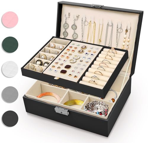 Eucomir Women's Travel Jewellery Box - 2 Layer Large PU Leather Jewelry Organizer for Rings, Bracelets, Earrings, Necklaces - Black