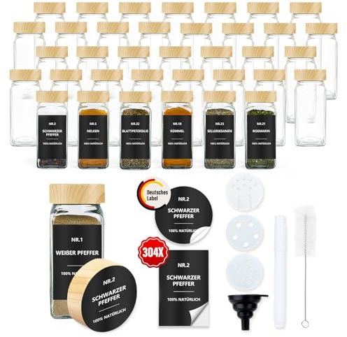 Lot de 36 pots à épices carrés avec étiquettes - En verre - 120 ml - Avec insert à saupoudrer - Étiquettes imperméables - Rangement des épices pour le tiroir de cuisine - Salière à épices en grain de