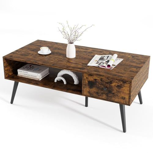 COSTWAY Couchtisch mit Schublade, Stauraum, offenes Fach, Wohnzimmertisch, Sofatisch Holz, Kaffeetisch, 109 x 55 x 39,5 cm