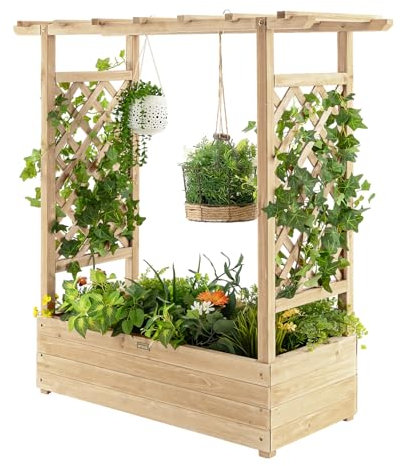 GOPLUS Jardinera Enrejada de Madera, Cama Elevada de Jardín con Orificios de Drenaje para Plantas Trepadoras, Flores, Verduras, Huerto Urbano Vertical para Exterior Patio Terraza (Natural)