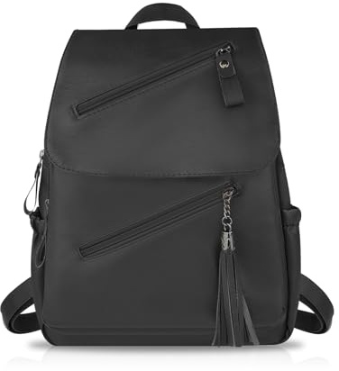 FuninCrea Sac à dos décontracté en cuir pour femme avec 5 poches zippées, sac à dos tendance à rabat pour femme, sac à dos de voyage imperméable pour le travail, l'université, Noir , M
