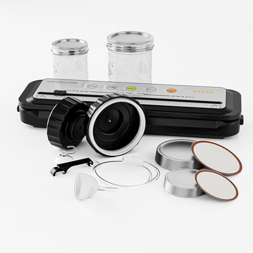 MEGAWISE Sellador de alimentos con kit premium con manguera de accesorios para sellador de boca ancha y regular, modos de alimentos secos y húmedos, diseño compacto con 10 bolsas al vacío y 20 tapas
