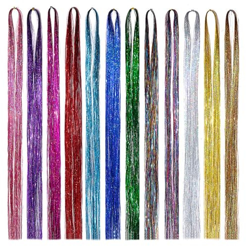 SYEYCW 12 Stück Glitzer Haarsträhnen, 93 cm Glitzersträhnen für Haare, 3200 Stränge Hair Extension, Glänzende Bunte Feenhaare, Accessoires für Weihnachten Neujahr Halloween Cosplay Party, 12 Farben