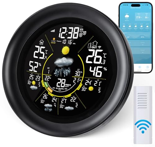 Yaskyly Estaciones meteorológicas WiFi con sensor al aire libre, monitor inalámbrico de temperatura y humedad del Reino Unido con presión de aire, lluvia, índice UV, pronóstico meteorológico de 5 días