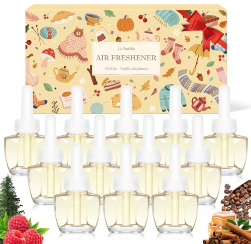 SCENTORINI Recambio para Ambientador Eléctrico 12X19ML Aparato para Difusor Eléctrico Air Wick y para Glade Fragancia de Abeto, Caramelo, Espresso, Frambuesa Canela, para el Hogar y el Estudio