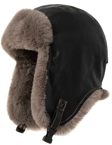 Gajaous Winter Wasserdichter Trapper Hut, Damen Herren Kunstfell Bomber Hut, PU Leder Thermo Fliegerkappe mit Winddichten Ohrklappen, Skating Skiing Jagdhut