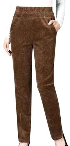 Pantalon en velours côtelé élastique taille haute avec jambes droites pour femme - Pantalon d'hiver extensible doublé en polaire épaisse et chaude - Pantalon décontracté avec poches, marron, L