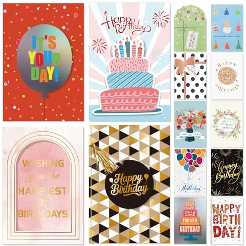 14 Pack 3D Handmade Birthday Cards Bulk with Envelopes, Unique Greeting Cards for Women & Men, 4.7×6.8 Inch, Gold Foil, Glitter, Happy Birthday Cards with Printed Messages – For Friends, Family, Coworkers