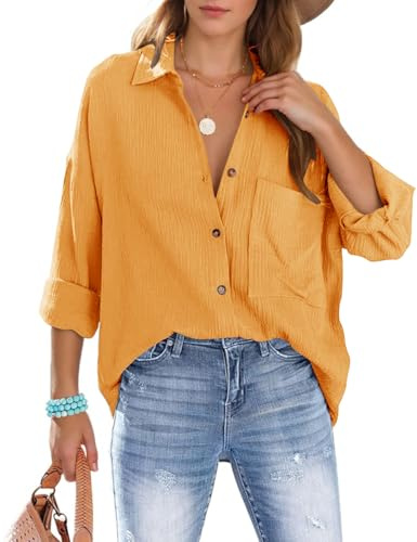 Xnova Camicetta da Donna Bottoni Casual, Cotone Camicia con Scollo a V Colletto Camicie Bluse Maniche Lunghe, Moda Maglietta Top Elegante Camicie con Tasca da Lavoro (Giallo, L)
