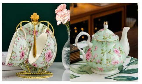 Set da tè in porcellana Bone China, set pomeridiano inglese, teiera, caffettiera in, 1, 2 tazze e piattini(Color05)