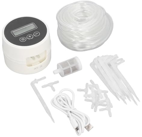 Haofy de Riego Automático LCD con Bomba Potente para 10 Plantas de Interior, Kit de Riego por Goteo Controlado para un Conveniente de Plantas, Alimentado por USB/batería para Jardineros Domésticos
