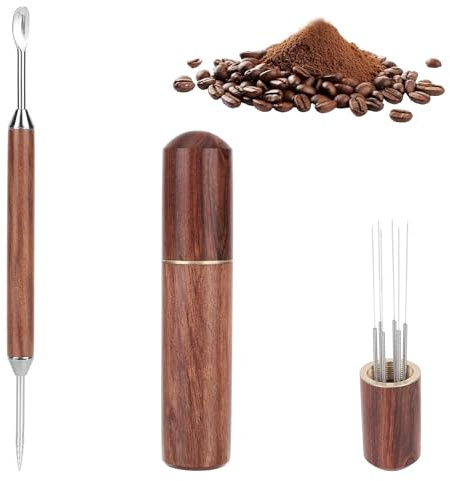 Penna Latte Art con Mescolatore Espresso, Attrezzo Professionale Distribuzione Caffè 6 Aghi Set Penna Latte Art con Manico Legno Attrezzo Disegnare Mescolare Accessori Barista per Caffetteria