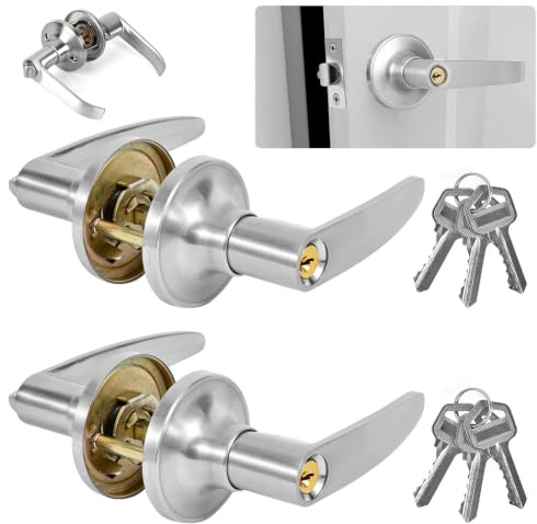 2 Set Door Handle with Lock Security Doors Lock Set Privacy Door Lever | Door Lock Set with Adjustable Latch and Privacy Handle Internal Door Handle Knob Sets Reversible Door Handles (Silver)