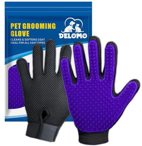 DELOMO Haustierpflege-Handschuhe - Katzenbürsten für sanftes Haaren - Effiziente Haarentfernungshandschuhe - Waschhandschuhe für Hunde mit langem & kurzem Haar, Katzen & Pferde - 1 Paar (Lila)