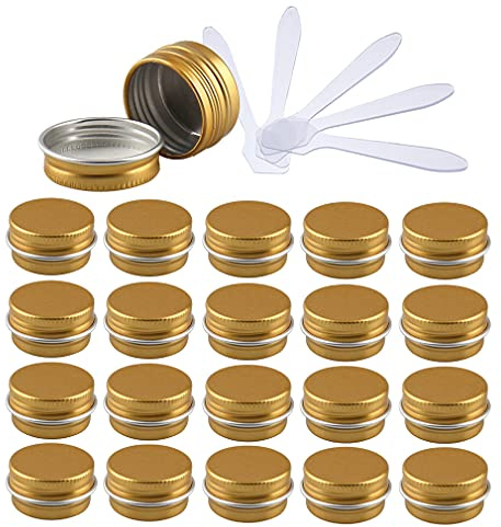 ZEOABSY Pack of 24, Empty 5ml Gold Aluminium Tins with Screw Lids Round Cosmetics Containers Pots Storage Jars for Lip Balm DIY Candle Salve Powder Crafts with 6 Spatula