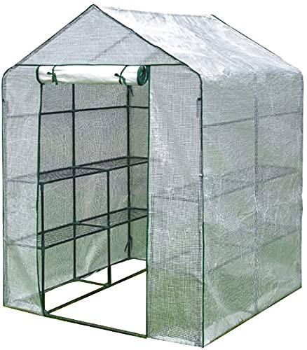 LSDRALOBBEB Treibhaus Foliengewächshaus Begehbares Gewächshaus mit Regalen, großes verstärktes Gewächshaus mit Stahlrohrrahmen, 2 Regale Heavy Duty Grow House 807(Color:White,Size:143x143x195cm)