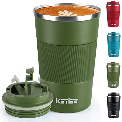 KETIEE Insulated 380ml Travel Coffee Mug with Leakproof Lid, Double Walled, Stainless Steel for Hot & Cold Drinks, Olive Drab