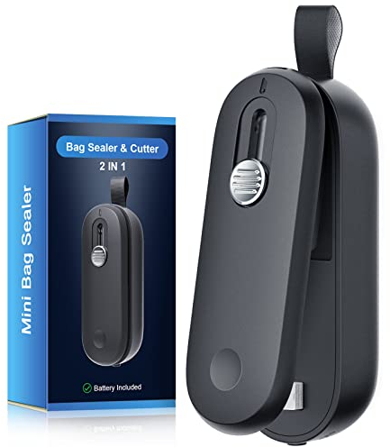 ODSD Mini Folienschweißgerät, 2 in 1 Bag Sealer mit Cutter Versiegelungsmaschine Hand Verschlussgerät für Plastiktüten Beutel Spänesäcke Lebensmittellagerung Snack(Schwarz)
