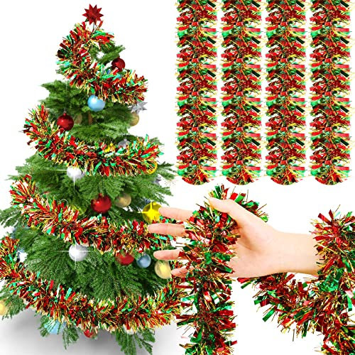 Dilunave Lametta-Girlande, 12 m, Metallfolie, gedrehte Lametta-Girlande, Dekoration für Weihnachtsbaum, Hochzeit, Geburtstag und Party, hängende Dekorationen (Rot, Grün, Gold)
