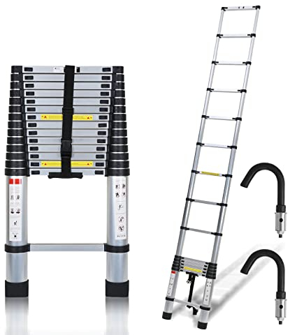 Cecaylie 2,6M Teleskopleiter Aluminium Mehrzweckleiter mit 2 Abnehmbarem Haken, Leiter Teleskop-Design, 150 kg/330 Pfund Belastbarkeit, Stehleiter Rutschfester, Silber