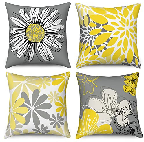 Hnmdmyi Set di 4 federe per cuscino, colore giallo, 40 x 40 cm, motivo floreale, colore giallo e grigio, per divano, letto, giardino, attività all'aperto, decorazione per la casa