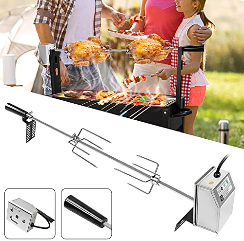 YRHome Spiedino girevole da 117 cm, in acciaio inox con motore, adatto per barbecue a gas con 2 pinze per carne, manico e motore girarrosto elettrico, 220 V – 240 V, universale