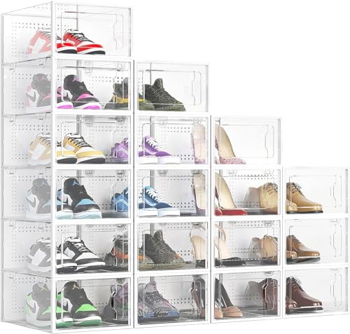 Elechomes Shoe Boxes Clear Plastic Stackable 18 Pack Premium Shoe Organizer Storage for Closet Foldable Shoe Rack Containers Sneaker Display Case Holder Shoe Bin Entryway Drawers Gifts