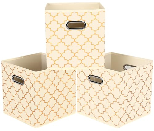 HEAYEEG Cubos de almacenamiento plegables de color negro, cestas organizadoras de tela con asas dobles para organizador del hogar, juego de 3 (crema-blanco dorado)