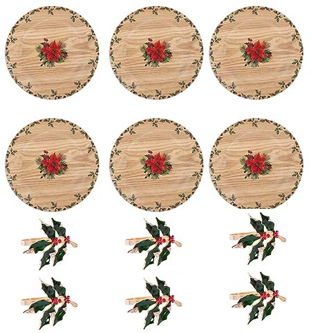 YöL Set Of 6 Christmas Holly Charger Plate Wooden And 6 Napkin Rings Dinner Lunch Decor Xmas Rustic Traditional