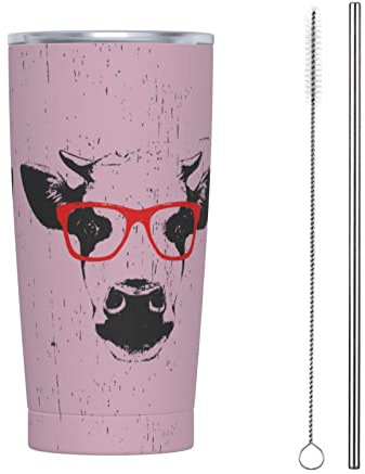 FJAUOQ Bicchiere da 590 ml con coperchio e cannuccia, con ritratto di mucca con occhiali, isolato sottovuoto, tazza da caffè ghiacciato, tazza da viaggio riutilizzabile bottiglia d'acqua in acciaio