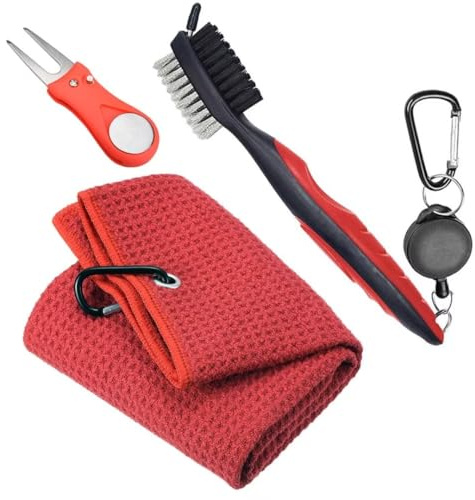 Berfea Golfschläger-Reinigungsbürste und Golf-Handtuch-Set, Golf Club Bürste und Groove Cleaner für die Reinigung Club Face & Groove für hängen auf Golf Tasche, Golf-Zubehör für Herren