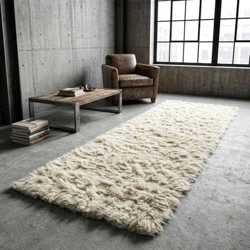 FLOKATI SHAG Stylish Runners. Soft and Fluffy 3” Pile. 100% Natural Wool. Modern Off-White Wool Area Rug. (2' x 8')