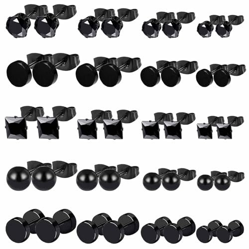 20 Pares Pendientes Hombre Acero Inoxidable Hipoalergénicos Zirconia Negros Barbell Aretes Stud Diamante Redondos Cartílago para Hombres y Mujeres