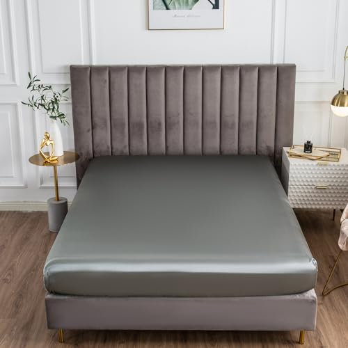 Morbuy Double Fitted Sheet Satin Silk Bed Sheets, Gray Fitted Sheets Deep Pocket 30 cm, Easy Care Ultra Soft Silky Fitted Bedsheets Good for Skin & Hair