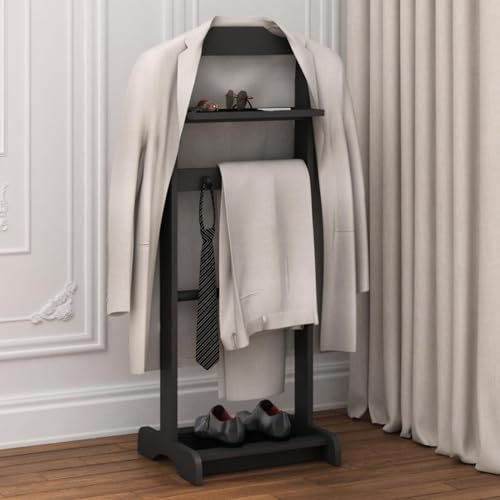 UIHECTA Perchero para Caballeros, Perchero De Madera, Perchero Independiente, con Bandeja/Gancho para Corbatas/Zapatero, para Entrada, Oficina, Sala Estar, Dormitorio,Negro