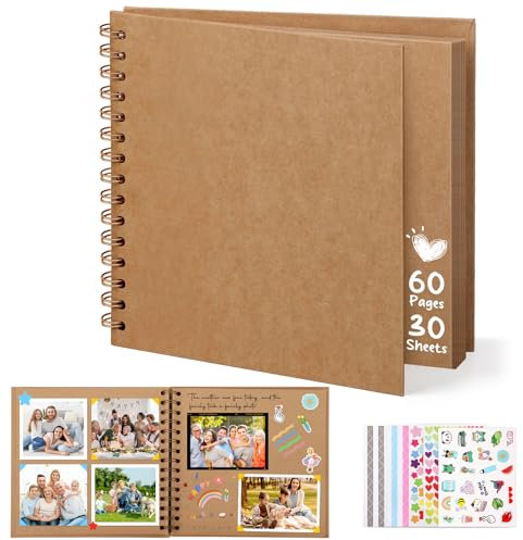 DazSpirit Fotoalbum zum Selbstgestalten, 8-inch Fotobuch zum Einkleben, Quadratisches Hardcover-Scrapbook und Gästebuch Geburtstag für Abschluss, Hochzeit, Babys, mit 5 Aufkleber, 60 Seiten, Braun
