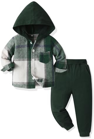 Yanmucy Ragazzi Baby Abbigliamento Completo 2 Pezzi Cotone Plaid Ragazzo Felpe Cappuccio Camicie Tops + Pantaloni Set Ragazzi Bambino Tracksuit Autunno Vestiti Abiti Set (Verde, 6-7 anni)